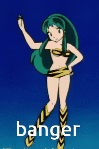 A Cartoon Girl In A Bikini Is Standing In Front Of A Blue Background With The Word Banger On It . GIF
