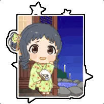 A Cartoon Girl In A Green Kimono Is Standing In Front Of A Building . Sticker