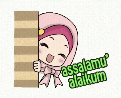 A Cartoon Girl In A Pink Hijab Is Peeking Out From Behind A Wall And Says Assalamu Alaikum . GIF
