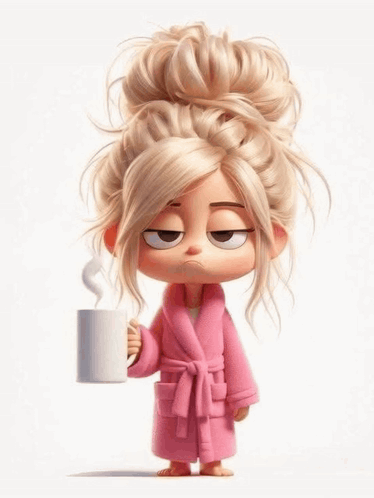 A Cartoon Girl In A Pink Robe Is Holding A White Cup Of Coffee GIF