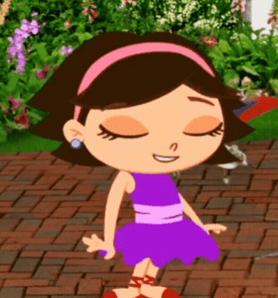 A Cartoon Girl In A Purple Dress Is Standing On A Brick Sidewalk . GIF