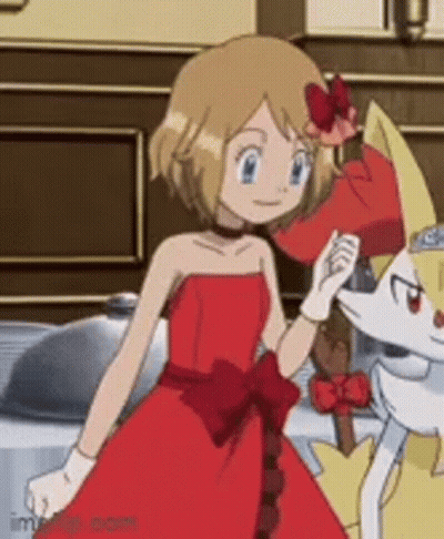 A Cartoon Girl In A Red Dress Is Standing Next To A Pokemon . GIF
