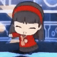 A Cartoon Girl In A Red Sweater And Red Headband Is Sitting On A Table With Her Eyes Closed . GIF
