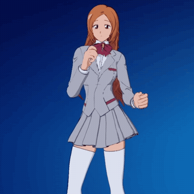 A Cartoon Girl In A Suit And White Knee High Socks Stands In Front Of A Blue Background GIF