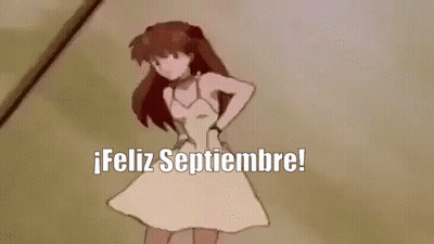 A Cartoon Girl In A White Dress Is Dancing And Pointing At The Words Feliz Septiembre . GIF
