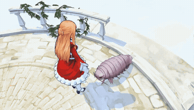 A Cartoon Girl In A White Dress Stands Next To A Monster GIF