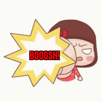 A Cartoon Girl Is Blowing A Speech Bubble With The Word Boogsh Written On It . GIF