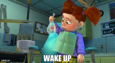 A Cartoon Girl Is Brushing Her Teeth In A Dental Chair And The Words Wake Up Are On The Bottom GIF