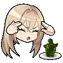A Cartoon Girl Is Covering Her Ears With Her Hands Next To A Green Frog On A Plate . GIF
