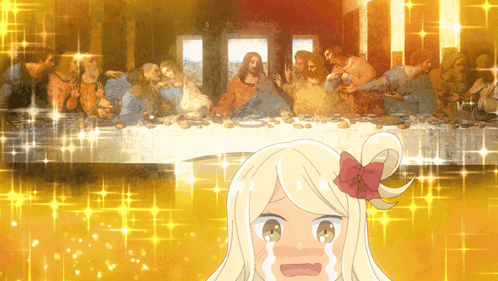 A Cartoon Girl Is Crying In Front Of A Painting Of Jesus GIF