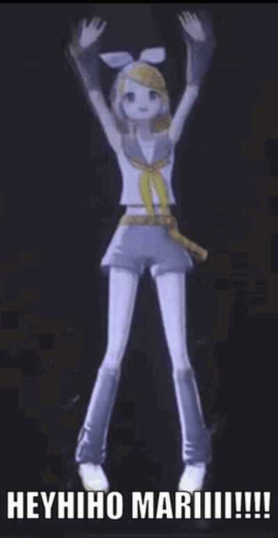A Cartoon Girl Is Dancing With Her Arms In The Air And The Words `` Heyhiho Mariii !!! '' Below Her . GIF