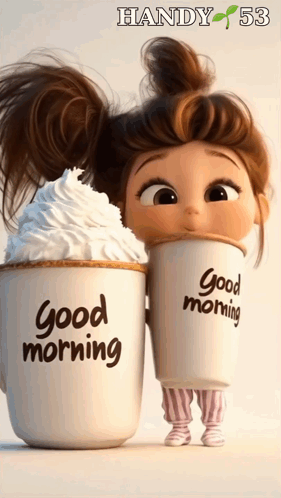 A Cartoon Girl Is Drinking From Two Cups That Say Good Morning GIF