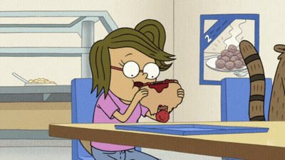 A Cartoon Girl Is Eating A Hot Dog In Front Of A Sign That Says 2 For $ 2.00 GIF