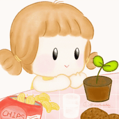 A Cartoon Girl Is Eating Chips Next To A Potted Plant GIF