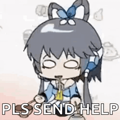 A Cartoon Girl Is Eating Noodles With A Straw And The Words `` Pls Send Help '' . GIF