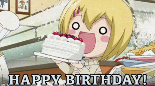 A Cartoon Girl Is Holding A Cake With The Words Happy Birthday Written Below Her GIF