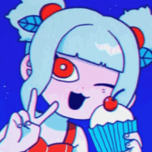 A Cartoon Girl Is Holding A Cupcake With A Cherry On It And Making A Peace Sign GIF
