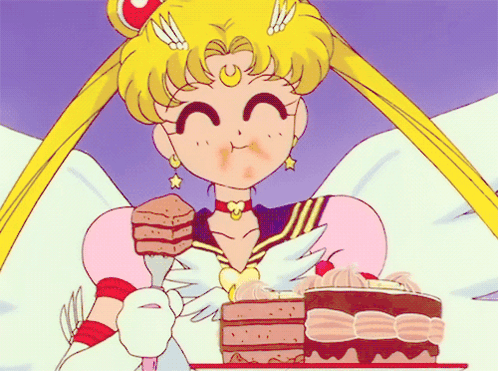 A Cartoon Girl Is Holding A Fork And A Tray Of Cake GIF