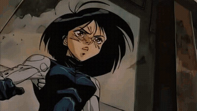 A Cartoon Girl Is Holding A Gun In Her Hand And Looking Out Of A Window . GIF