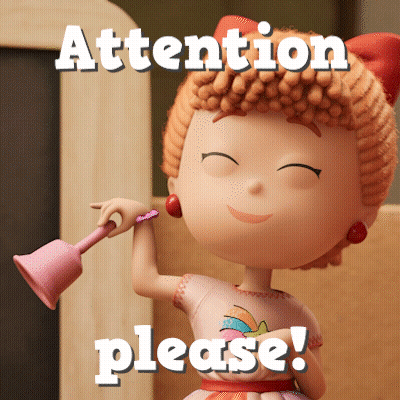 A Cartoon Girl Is Holding A Pink Bell And The Words Attention Please Are Above Her GIF