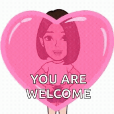 A Cartoon Girl Is Holding A Pink Heart With The Words `` You Are Welcome '' Written On It . GIF