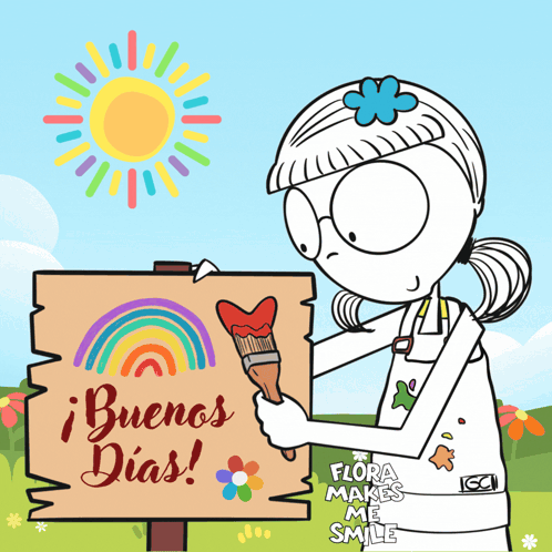 A Cartoon Girl Is Holding A Sign That Says Buenos Dias GIF