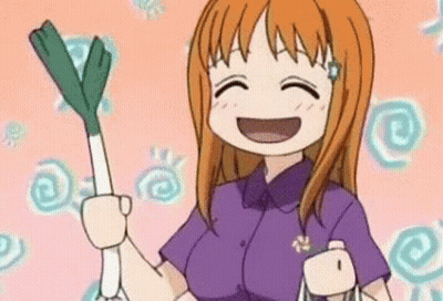 A Cartoon Girl Is Holding A Stick Of Leeks In Her Hand . GIF