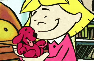 A Cartoon Girl Is Holding A Stuffed Red Dog In Her Arms GIF