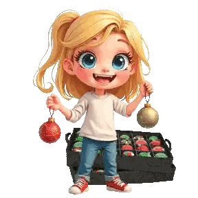 A Cartoon Girl Is Holding Two Christmas Ornaments Sticker