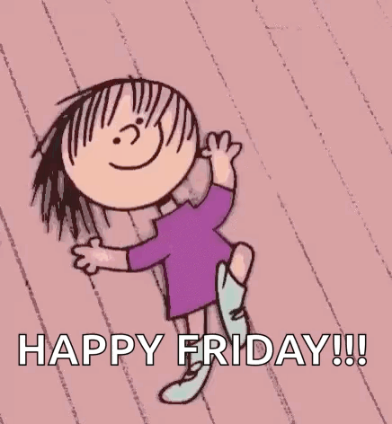 A Cartoon Girl Is Jumping In The Air With The Words `` Happy Friday '' Written Below Her . GIF