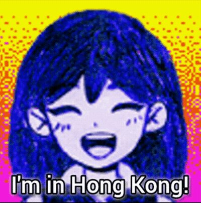 A Cartoon Girl Is Laughing And Saying `` I 'M In Hong Kong ! '' GIF