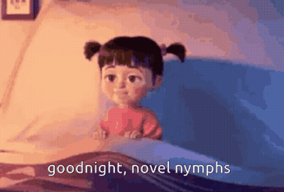 A Cartoon Girl Is Laying In A Bed With The Words `` Goodnight , Novel Nymphs '' Written On The Bottom . GIF