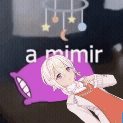 A Cartoon Girl Is Laying On A Purple Pillow With The Words " A Mimir " Behind Her GIF