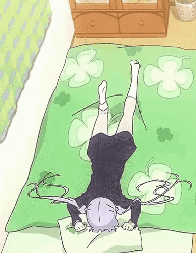 A Cartoon Girl Is Laying On Her Back On A Bed With Her Legs Up . GIF
