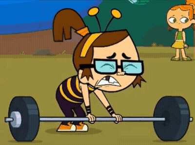 A Cartoon Girl Is Lifting A Barbell With A Bee On Her Head GIF