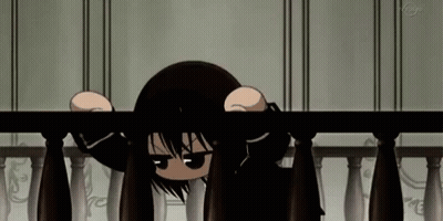 A Cartoon Girl Is Peeking Over A Railing And Making A Funny Face . GIF