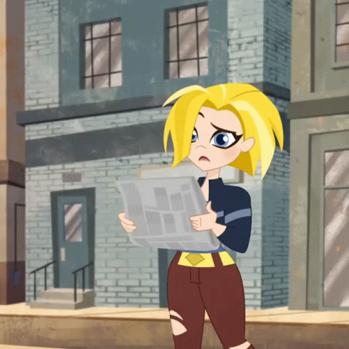 A Cartoon Girl Is Reading A Newspaper In Front Of A Building GIF