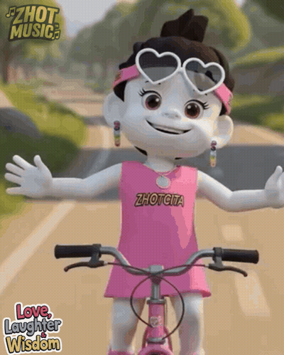 A Cartoon Girl Is Riding A Bike With The Words Love Laughter Wisdom On The Bottom GIF