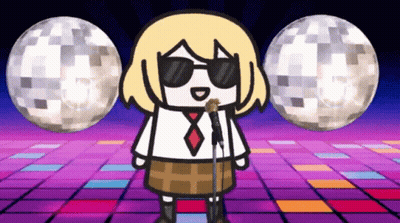 A Cartoon Girl Is Singing Into A Microphone While Wearing Sunglasses And Standing In Front Of Two Disco Balls . GIF