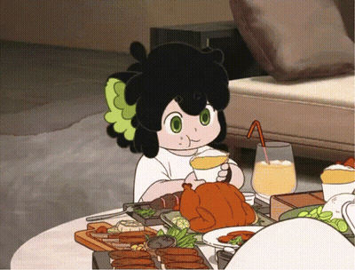 A Cartoon Girl Is Sitting At A Table Eating Food And Drinking A Drink GIF