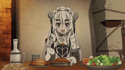 A Cartoon Girl Is Sitting At A Table With A Bowl Of Broccoli GIF