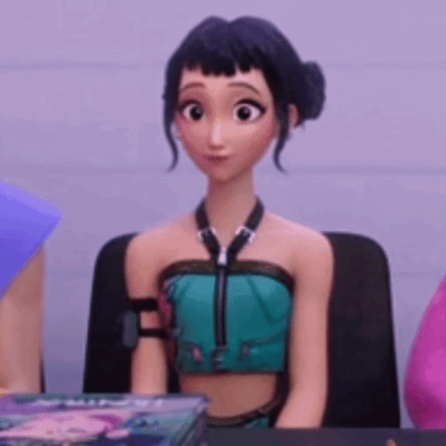 A Cartoon Girl Is Sitting In A Chair Wearing A Green Crop Top And A Black Tie . GIF