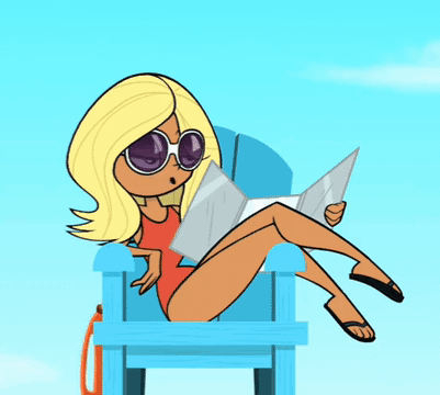 A Cartoon Girl Is Sitting In A Lifeguard Chair Reading A Magazine GIF