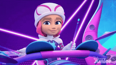 A Cartoon Girl Is Sitting In A Pink And Purple Vehicle Holding A Drum Stick . GIF