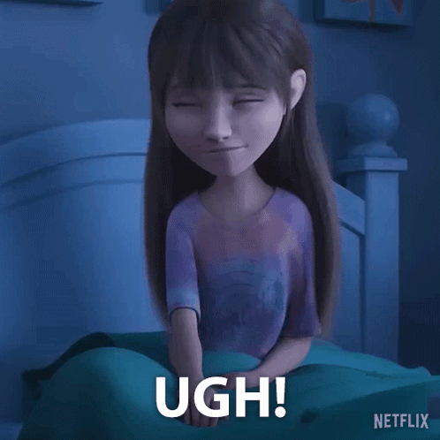 A Cartoon Girl Is Sitting On A Bed With The Word Ugh Written Next To Her . GIF
