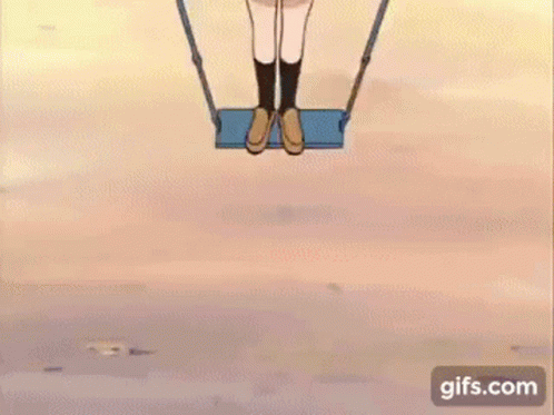 A Cartoon Girl Is Sitting On A Swing In The Air . GIF