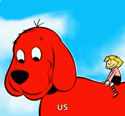 A Cartoon Girl Is Sitting On The Back Of A Large Red Dog . GIF