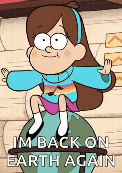 A Cartoon Girl Is Sitting On Top Of A Globe With The Words Im Back On Earth Again GIF