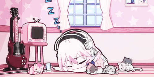 A Cartoon Girl Is Sleeping In A Room With Cats And A Guitar . GIF