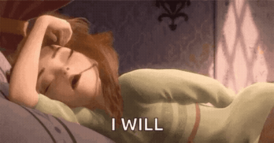 A Cartoon Girl Is Sleeping On A Bed With Her Eyes Closed And The Words `` I Will '' Written Next To Her . GIF